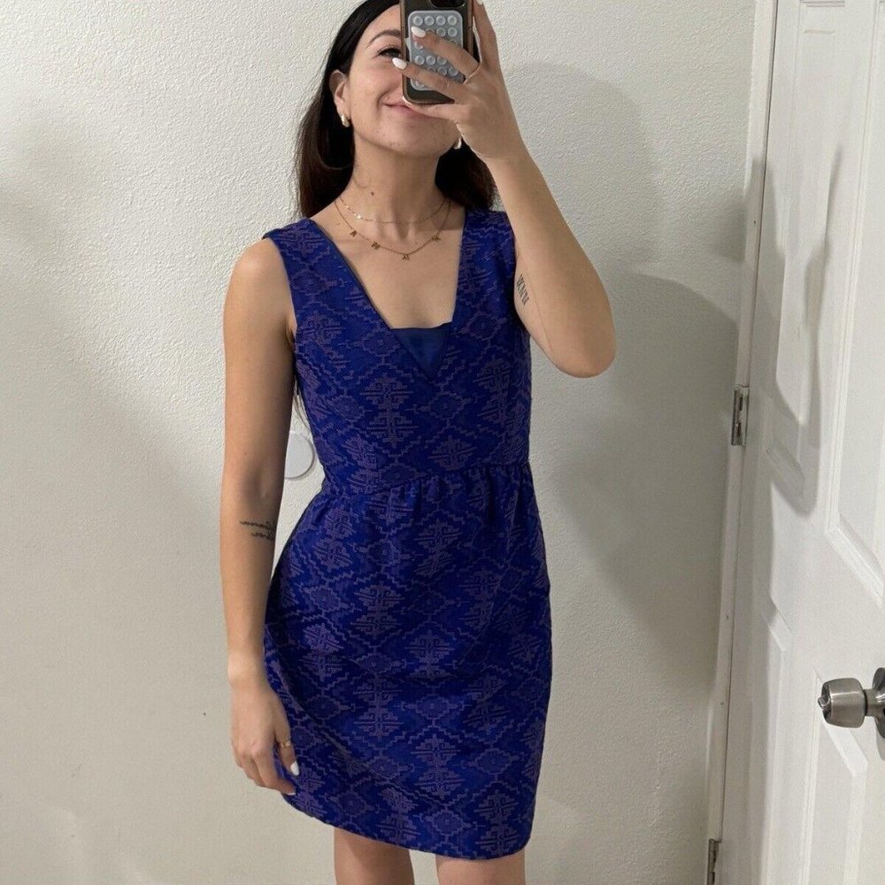 Anthropologie Women Size 4 Jacquard Fit Flare Maeve Blue Sheath Brocade‎ Dress - Picture 2 of 12